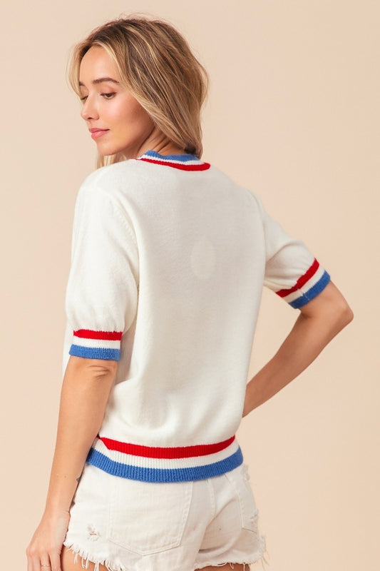 BiBi US Flag Theme Striped Heart Sweater - ClassiQ