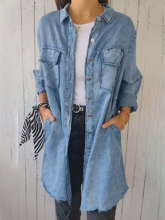 Full Size Raw Hem Button Up Long Sleeve Denim Top Plus Size - Classique Collection