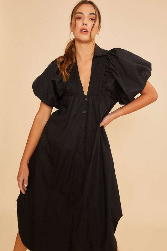 Annie Wear Smocked Puff Sleeve Midi Dress - ClassiQ