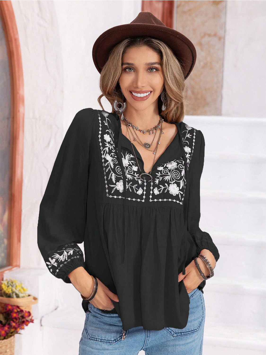 Floral Tie Neck Balloon Sleeve Blouse - Classique Collection