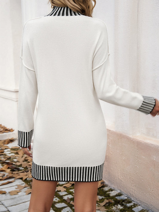 Devine Striped Mock Neck Long Sleeve Sweater Dress - Classique Collection
