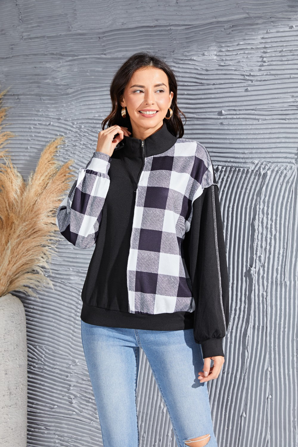 Plaid Exposed Seam Long Sleeve Blouse - Classique Collection