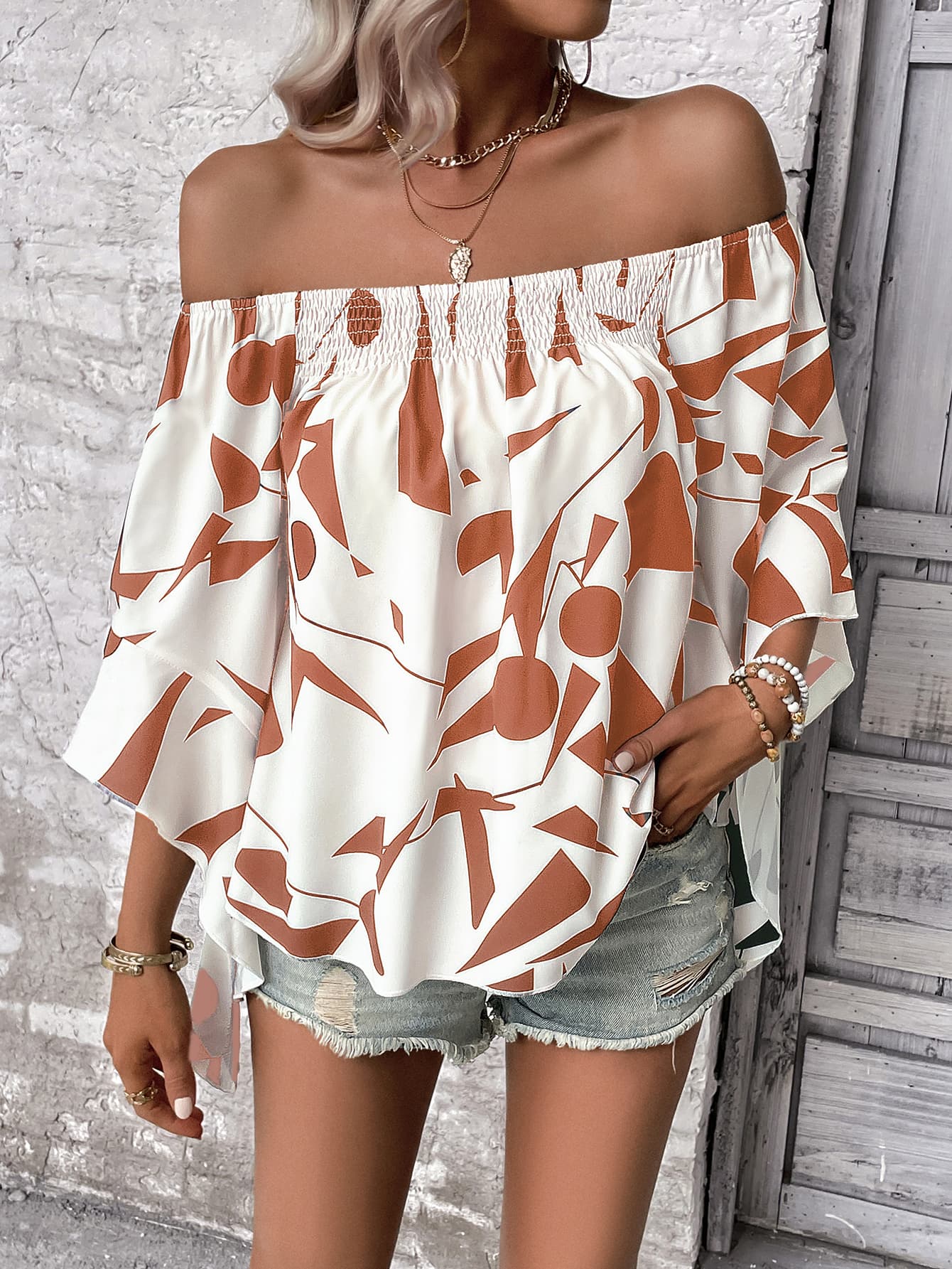 Printed Off-Shoulder Bell Sleeve Blouse - Classique Collection