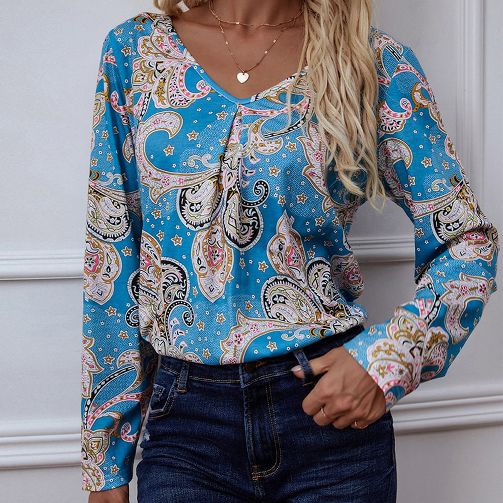 Shiny Printed V-Neck Long Sleeve Blouse - ClassiQ