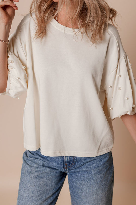 Pearl Detail Round Neck Half Sleeve Blouse - Classique Collection