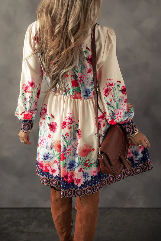 Flower Button Down Lantern Sleeve Dress - Classique Collection