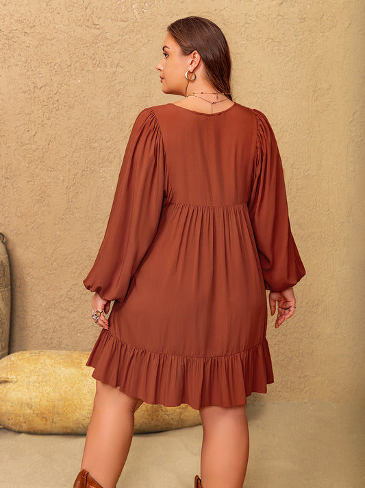 Plus Size Embroidered Tie Neck Balloon Sleeve Mini Dress - Classique Collection