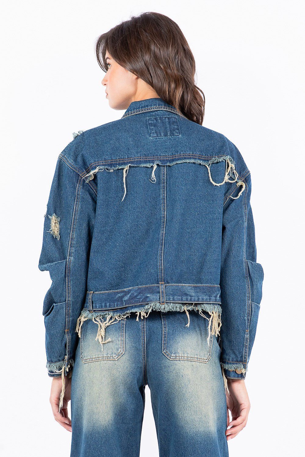 American Bazi Full Size Distressed Frayed Edge Zip Up Denim Jacket Plus Size