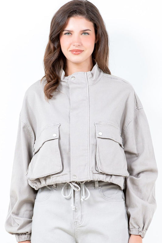 American Bazi Full Size Drawstring Hem Cargo Pocket Cropped Worker Jacket Plus Size