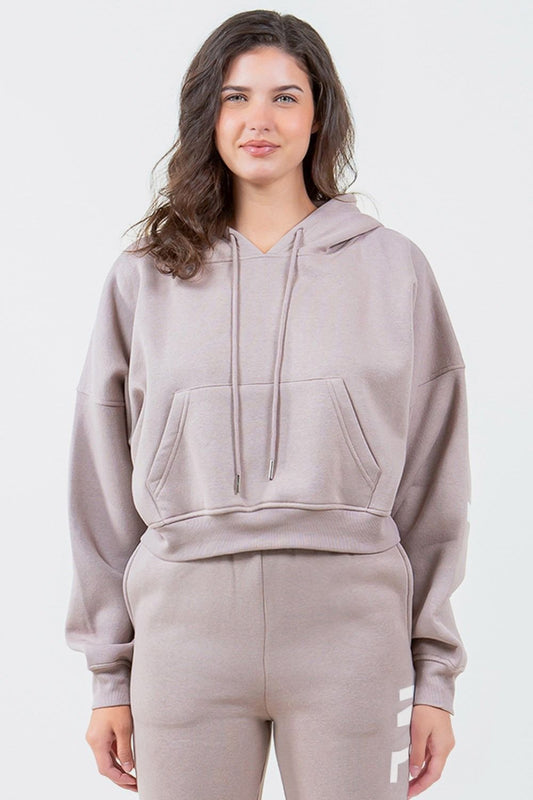 American Bazi Letter Graphic Long Sleeve Drawstring Cropped Hoodie