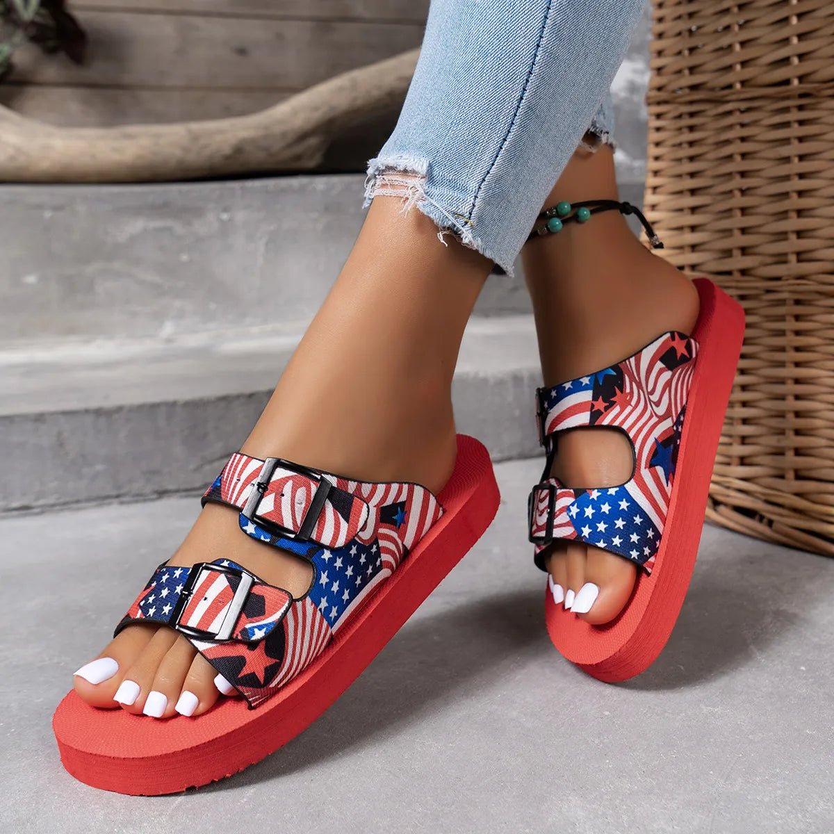 American Flag Patriotic Double Strap Sandals