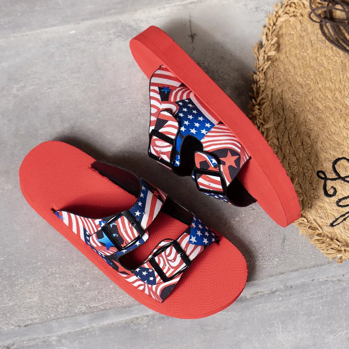 American Flag Patriotic Double Strap Sandals