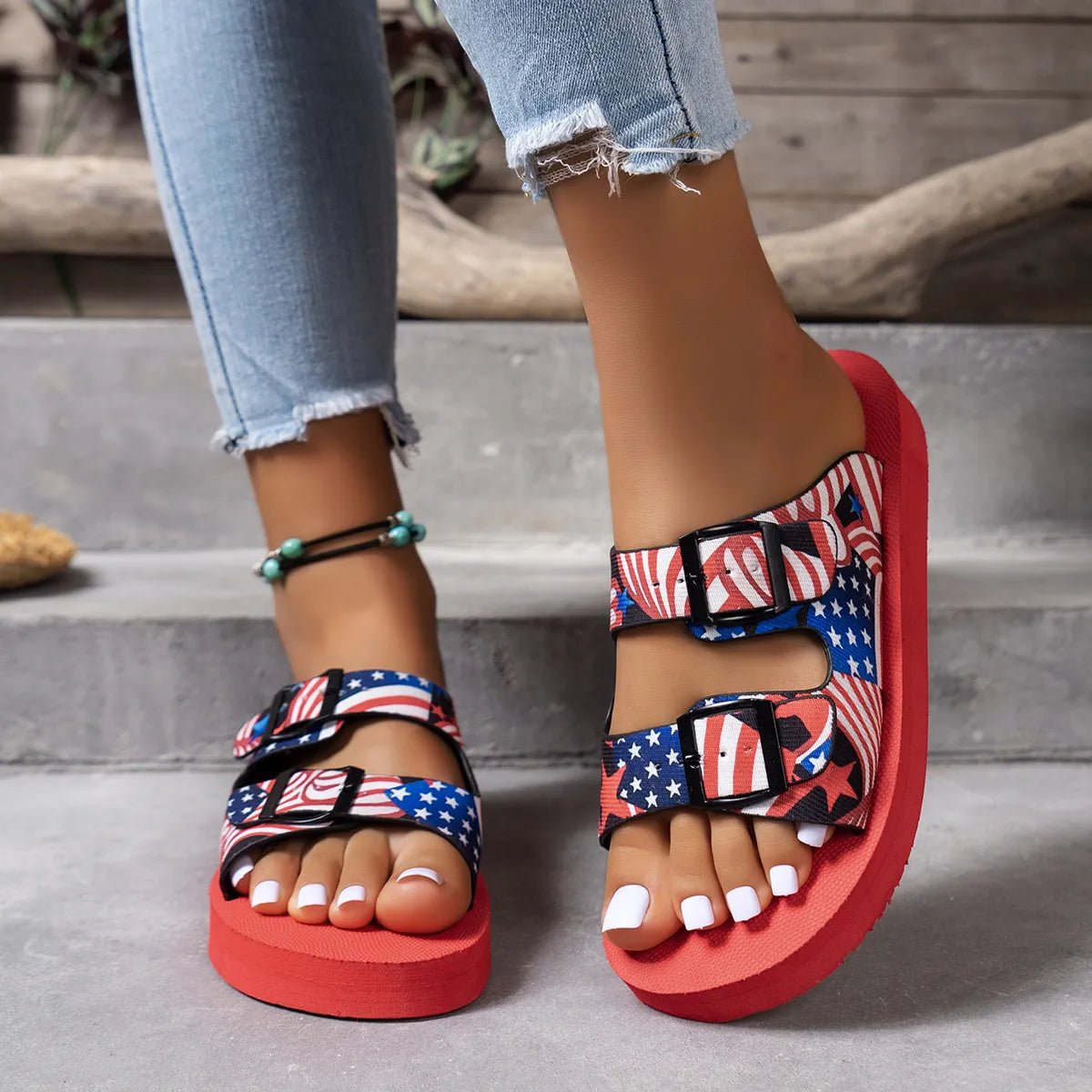 American Flag Patriotic Double Strap Sandals