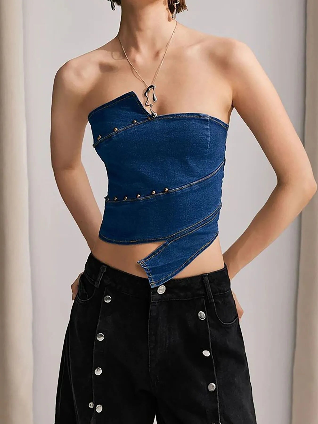 Asymmetric Denim Tube TopTop