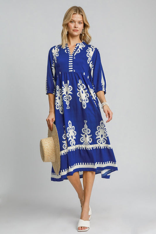 Umgee Printed Notched Midi Dress - Classique Collection