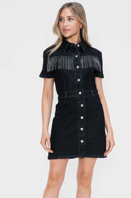 bytos Full Size Embellished Button Down Short Sleeve Denim Dress - Classique Collection