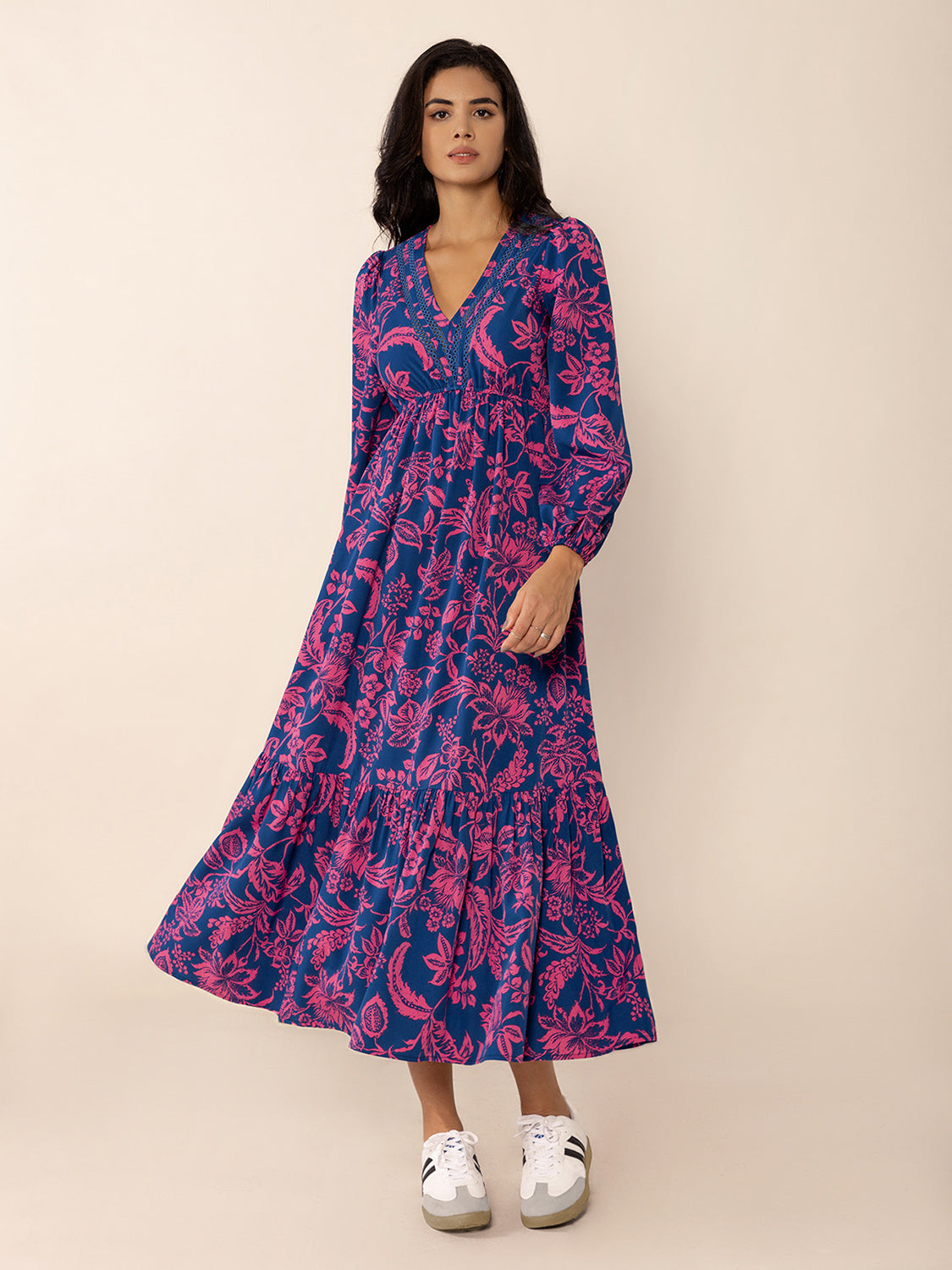 Printed V-Neck Long Sleeve Midi Dress - Classique Collection