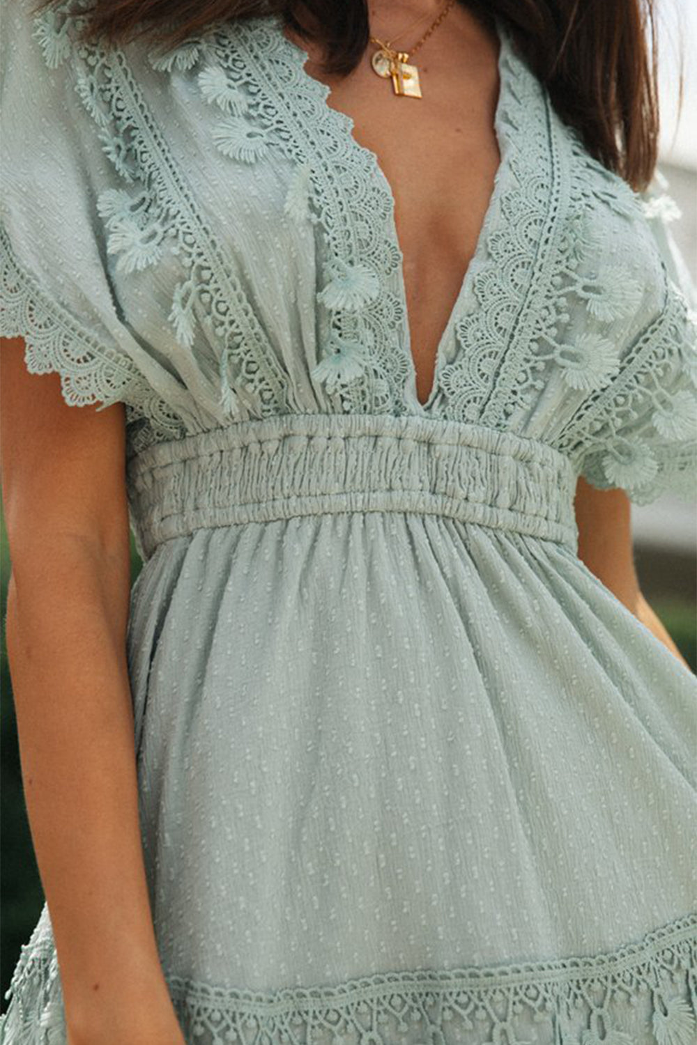 Lace Detail Plunge Short Sleeve Mini Dress - Classique Collection