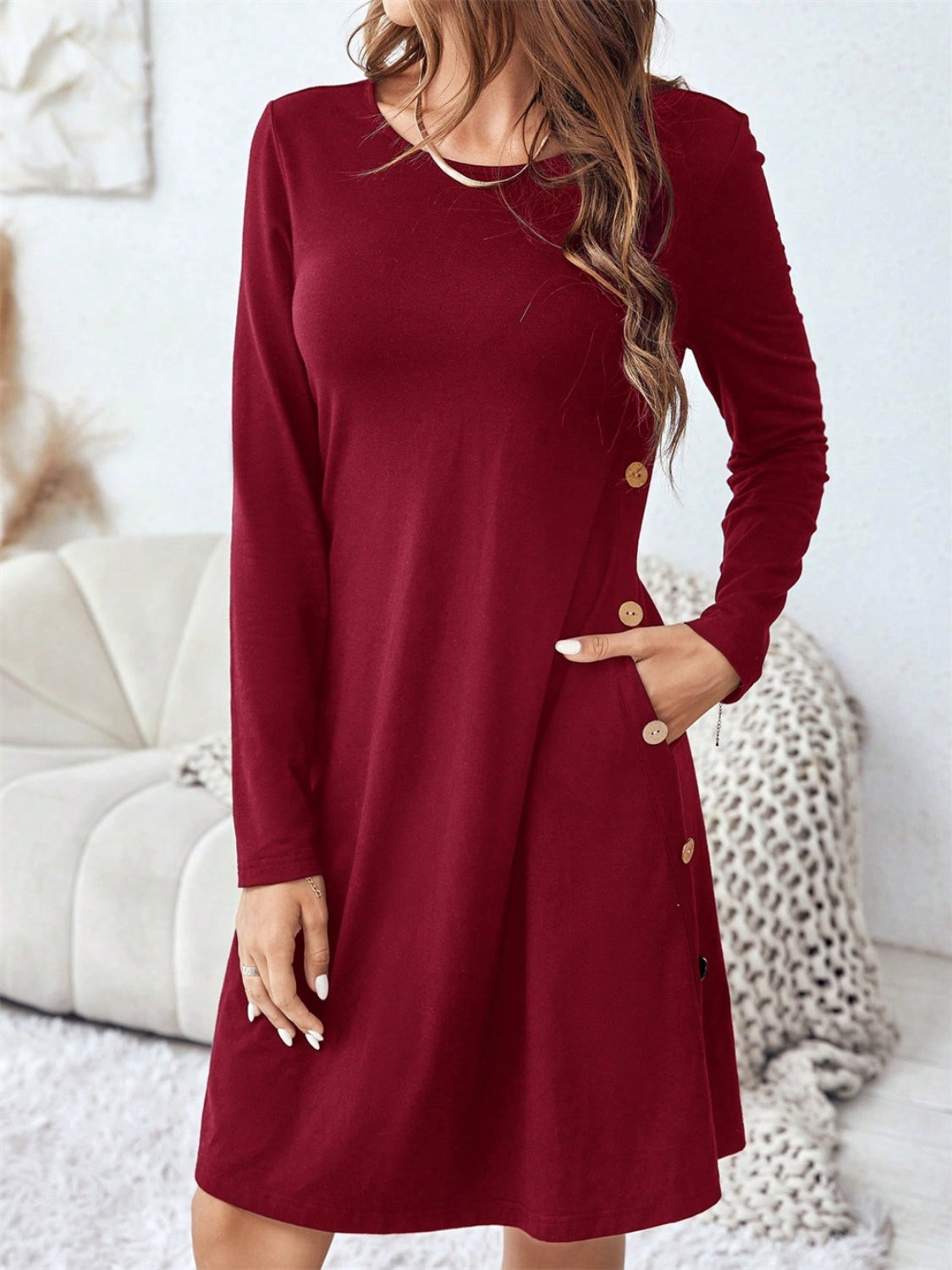 Round Neck Long Sleeve Mini Dress with Pockets - Classique Collection