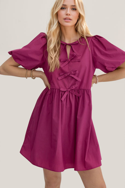 Oh Bow Ruched Puff Sleeve Mini Dress - Classique Collection