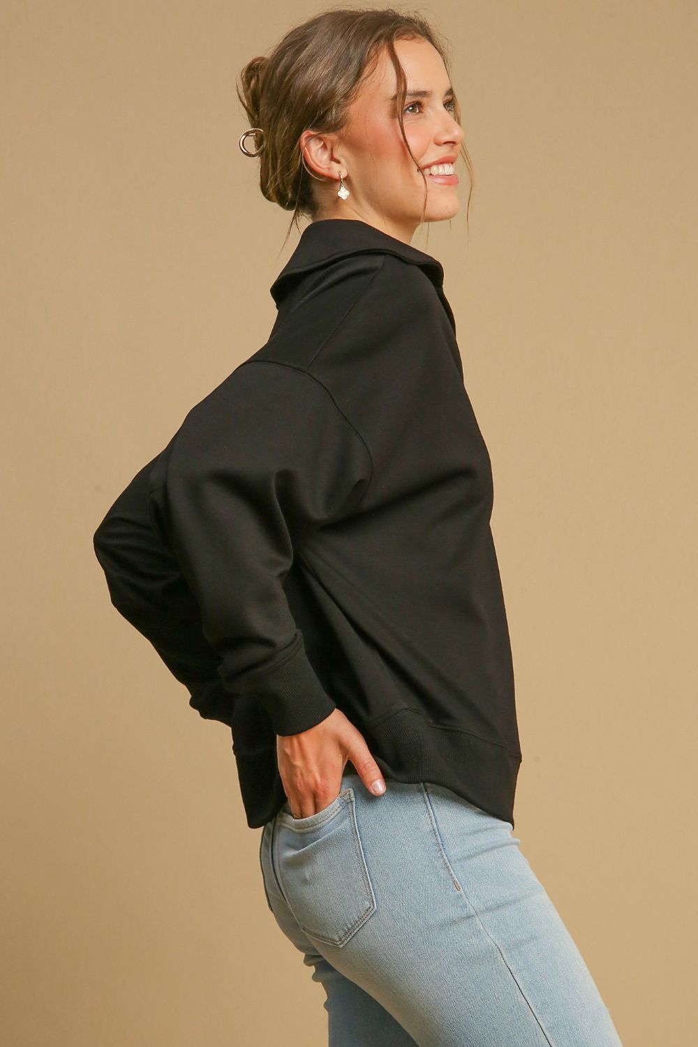 Umgee Johnny Collar Dropped Shoulder Sweatshirt - Classique Collection
