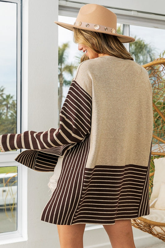 BiBi Striped Contrast Long Sleeve Slit Top - Classique Collection