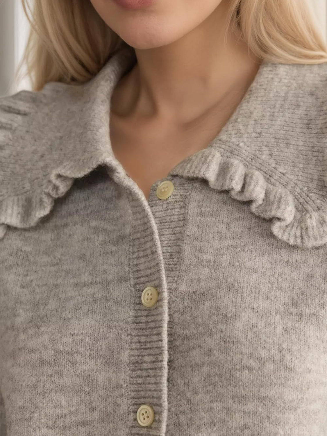 Frill Button Up Collared Neck Long Sleeve Cardigan - ClassiQ