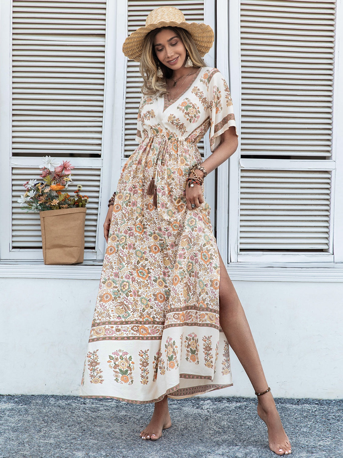 Drawstring Printed Plunge Half Sleeve Dress - Classique Collection