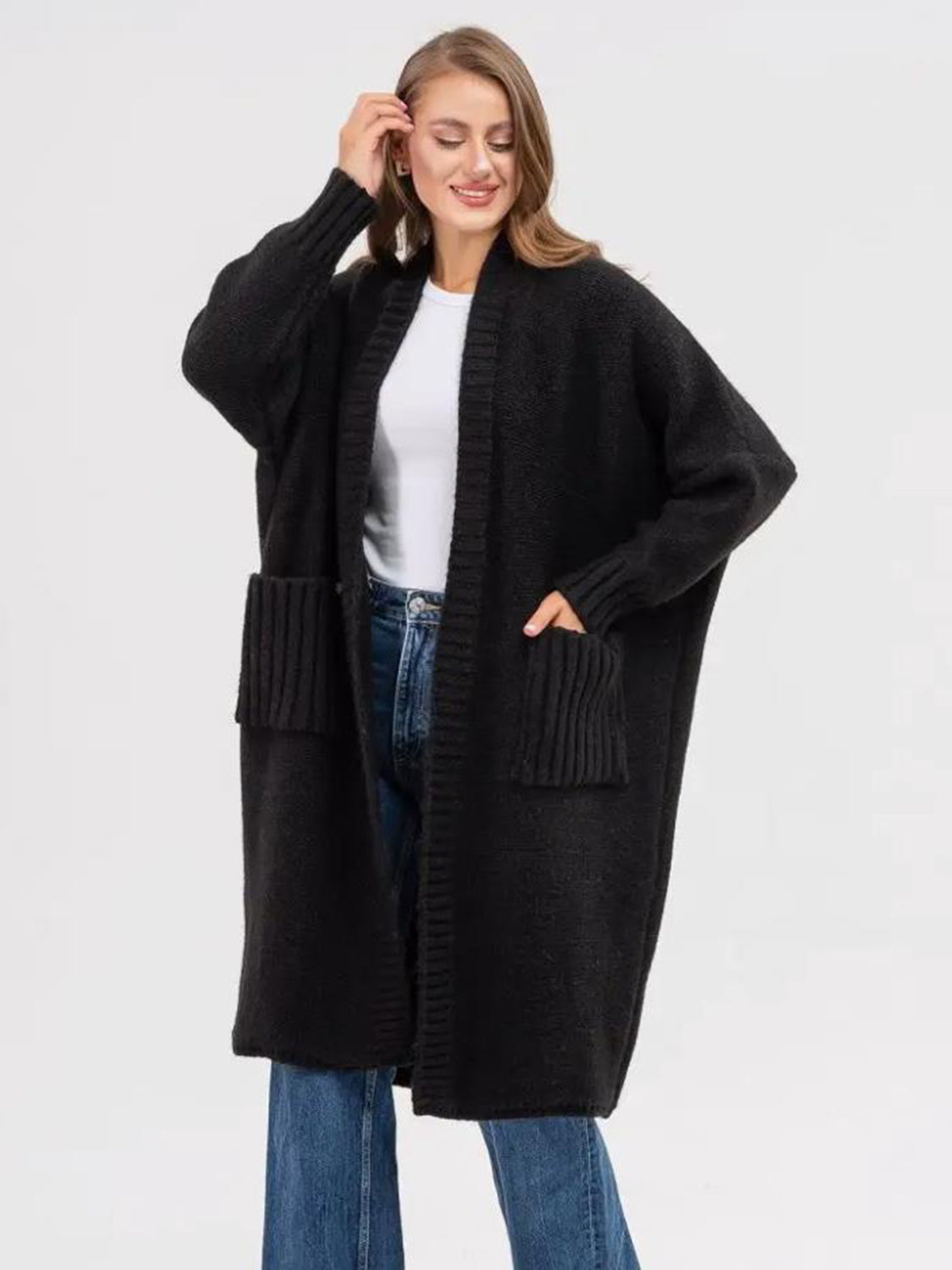 Pocketed Open Front Long Sleeve Longline Cardigan - ClassiQ