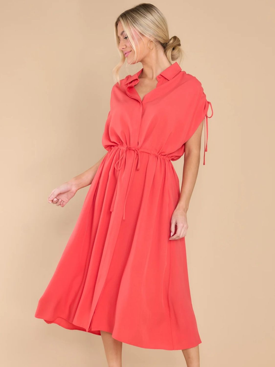 Drawstring Collared Neck Short Sleeve Midi Dress - Classique Collection