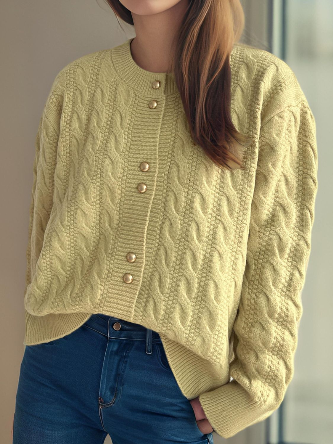 Cable-Knit Round Neck Long Sleeve Cardigan - ClassiQ
