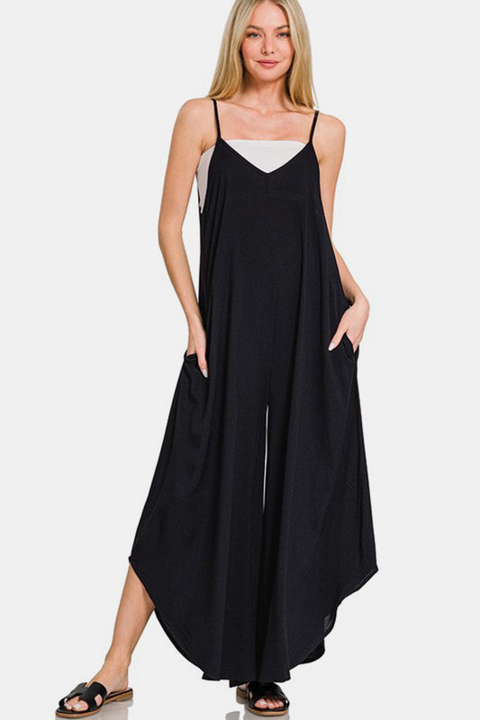 Zenana Spaghetti Strap Wide Leg Overalls with Pockets - Classique Collection