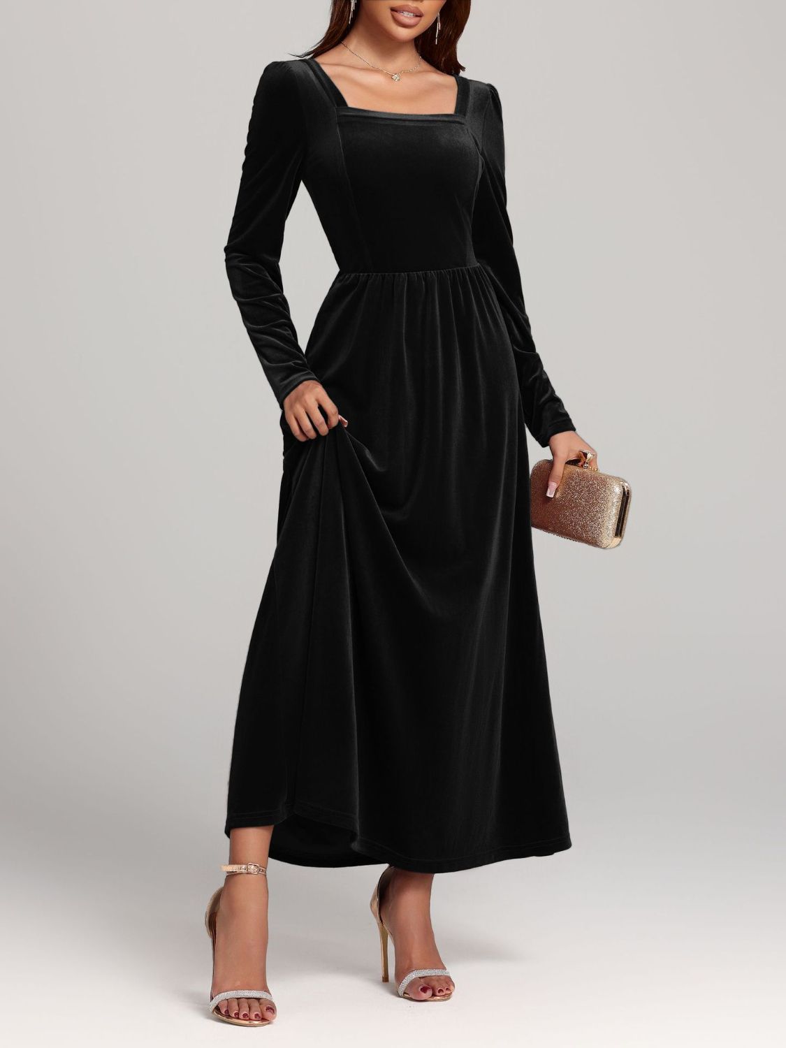 Velvet Square Neck Long Sleeve Dress - Classique Collection