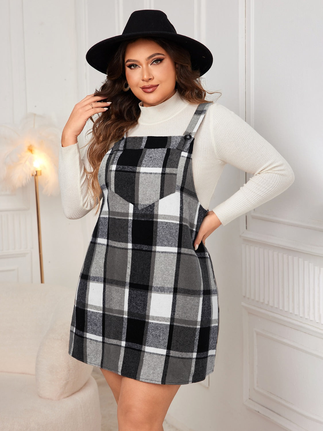 Honey Plus Size Plaid Wide Strap Overall Dress - Classique Collection
