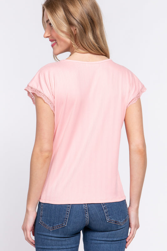 ACTIVE BASIC Lace Trim V-Neck Short Sleeve Ribbed Top - Classique Collection