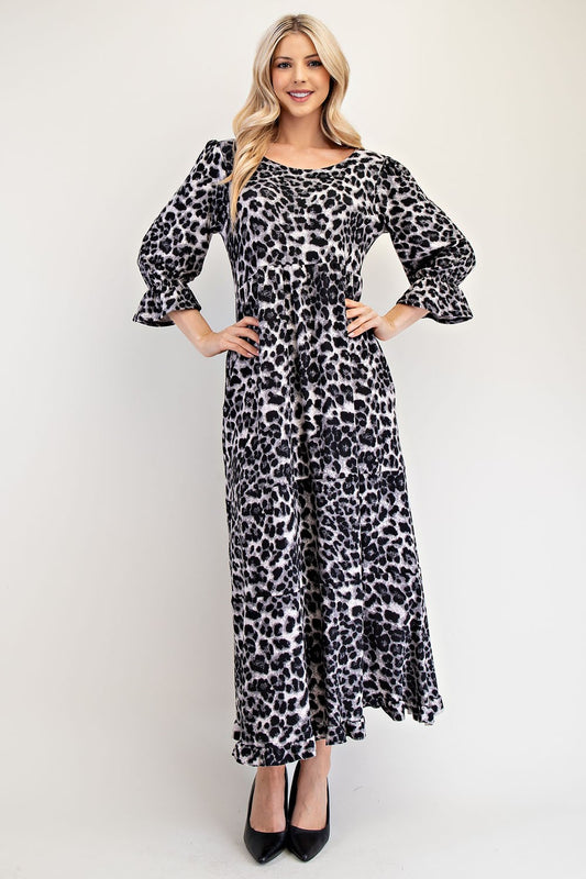 Celeste Full Size Leopard Round Neck Flounce Sleeve Dress - Classique Collection