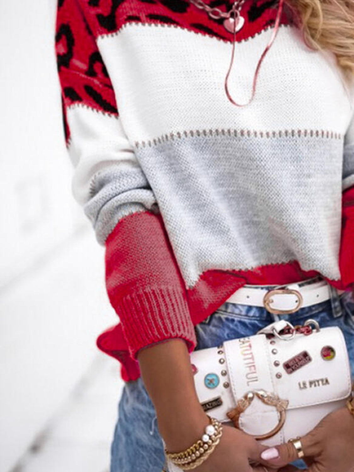 Leopard Color Block Round Neck Long Sleeve Sweater - ClassiQ