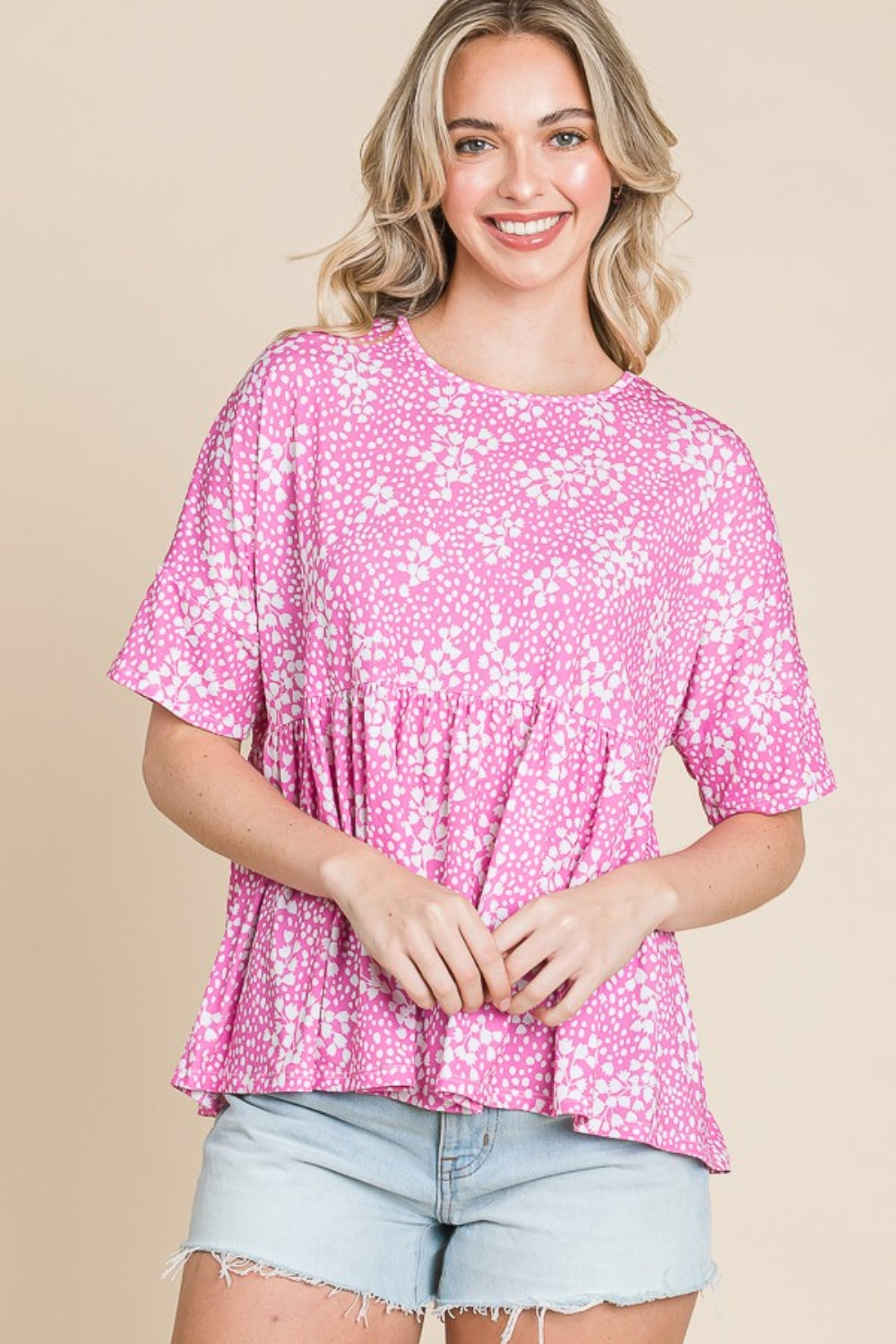 BOMBOM Floral Round Neck Peplum Blouse - Classique Collection