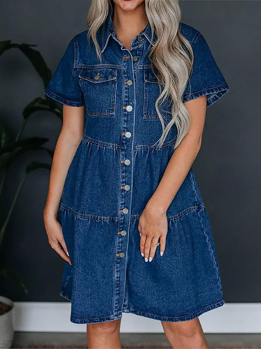 Pocketed Button Up Collared Neck Short Sleeve Denim Dress - Classique Collection