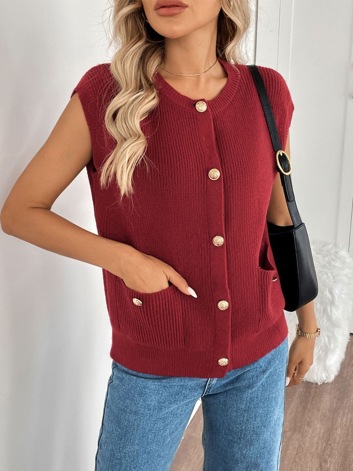 Perfee Pocketed Round Neck Cap Sleeve Cardigan - Classique Collection