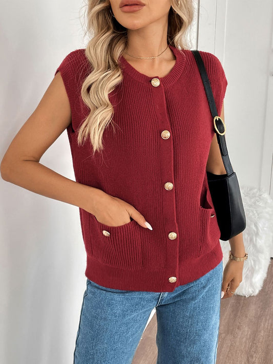 Perfee Pocketed Round Neck Cap Sleeve Cardigan - Classique Collection