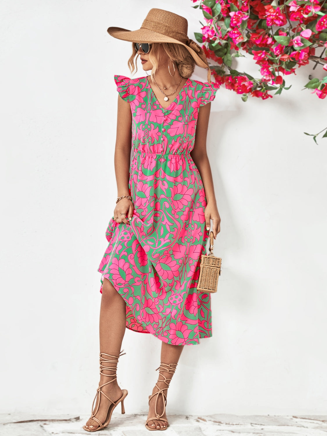 Printed V-Neck Cap Sleeve Dress - Classique Collection