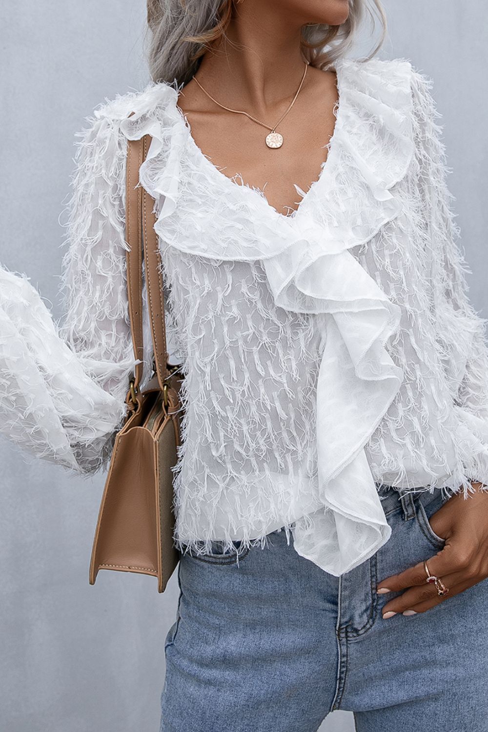 Ivy Lane Ruffle Hem Fringe V-Neck Balloon Sleeve Blouse - Classique Collection