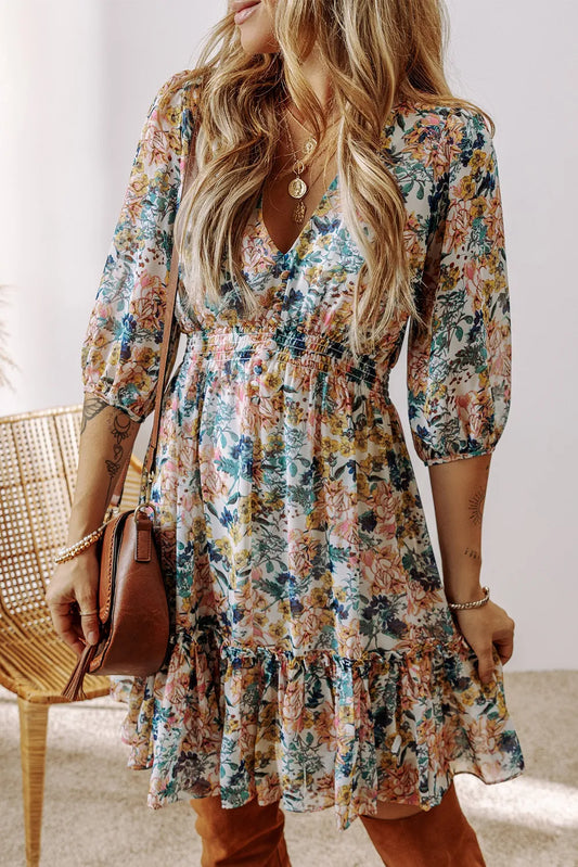 Printed V-Neck Half Sleeve Dress - Classique Collection