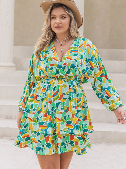 Plus Size Printed Surplice Long Sleeve Mini Dress - Classique Collection