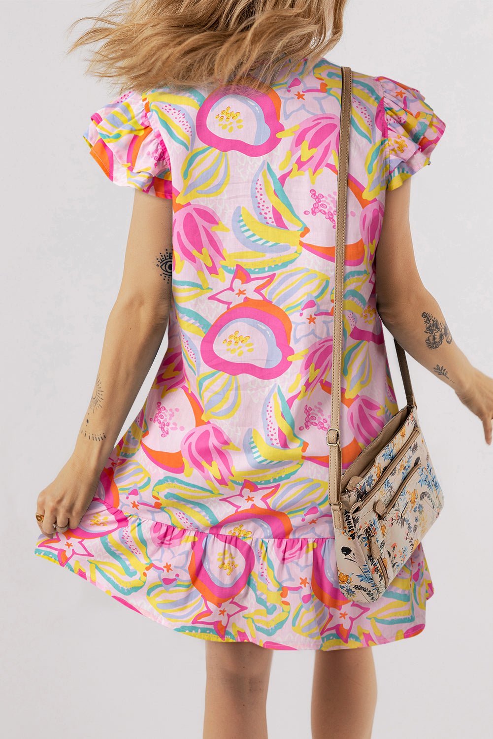 Pink Abstract Floral Ruffle Trim Flutter Sleeve Buttoned Dress ClassiQ