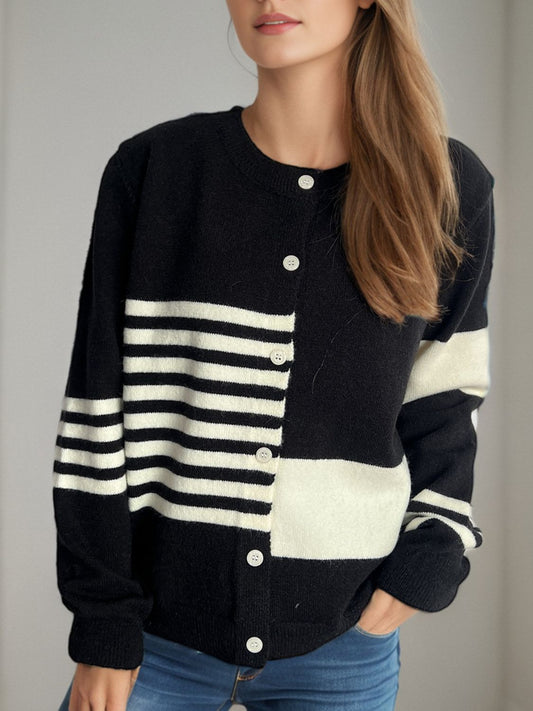 Striped Color Block Round Neck Cardigan - Classique Collection