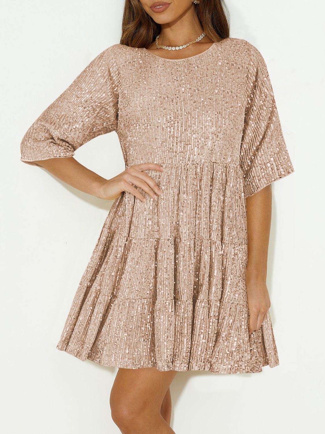 Sequin Round Neck Half Sleeve Mini Dress - Classique Collection