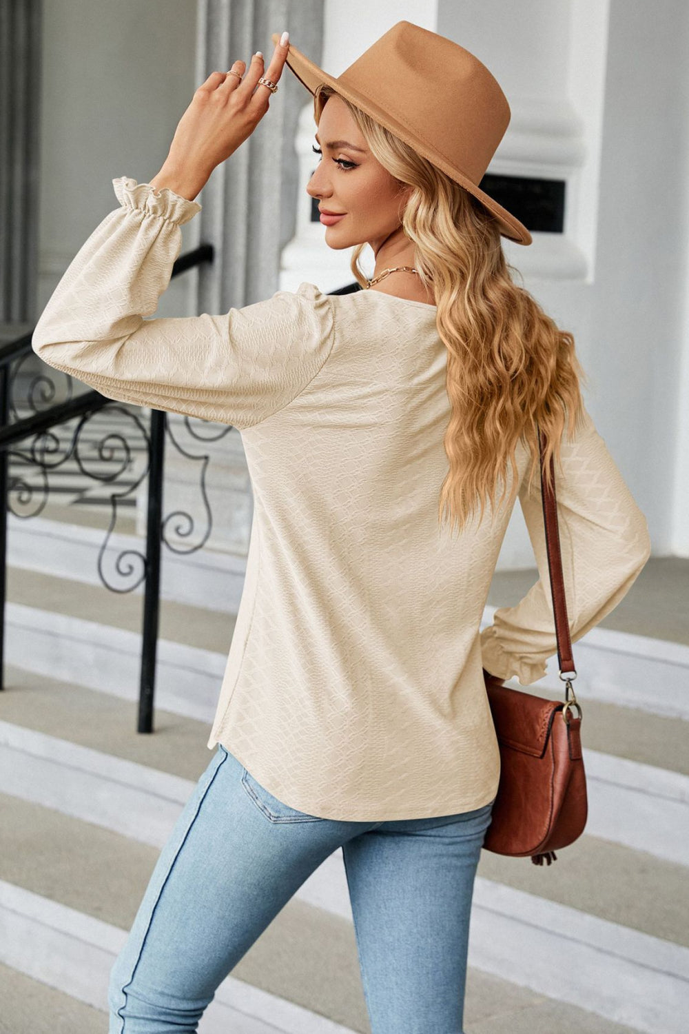 Round Neck Flounce Sleeve Blouse - Classique Collection