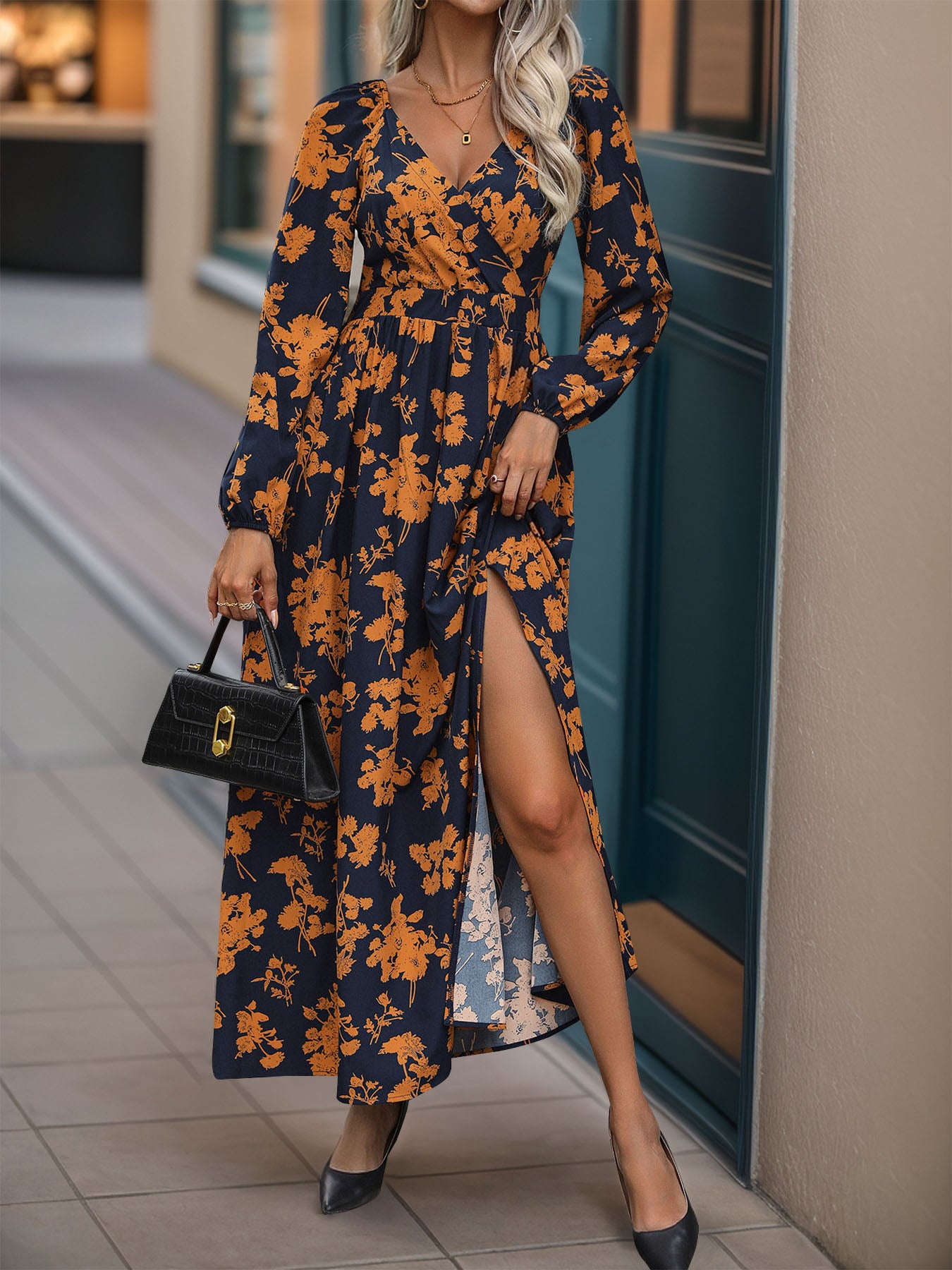 Perfee Split Printed Surplice Long Sleeve Midi Dress - Classique Collection